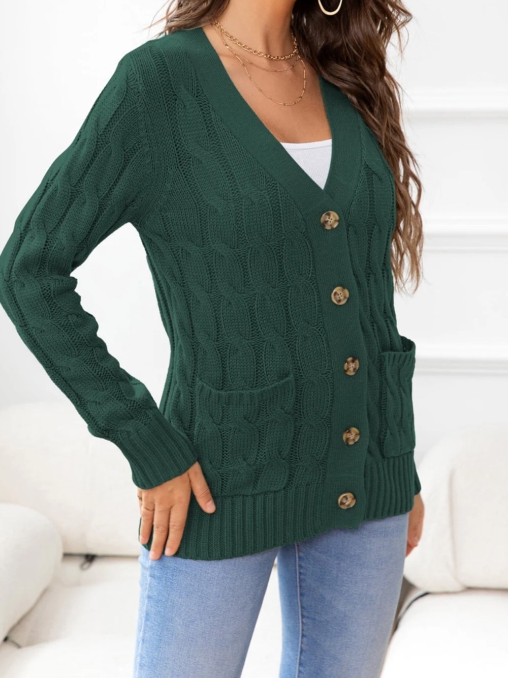 Olive green Cable Knit Button-Down thick Sweater Cardigan - Picture 3 of 8